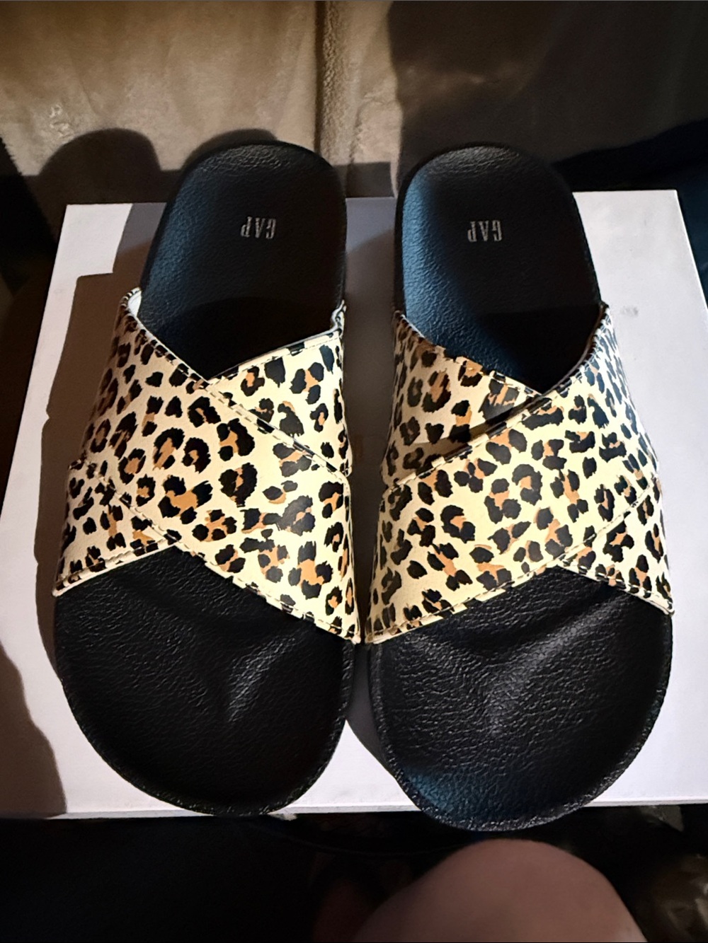 GAP Leopard Print Crisscross Slide Sandals - Black & Tan